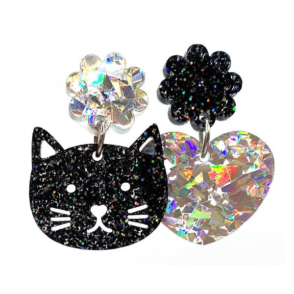 Happy Heart Cats ·  Black + Glitzy Silver