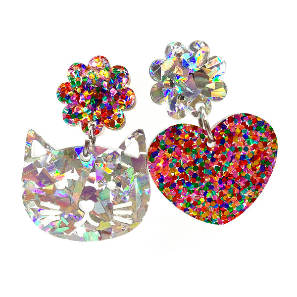 Happy Heart Cats ·  Pink Confetti + Glitzy Silver